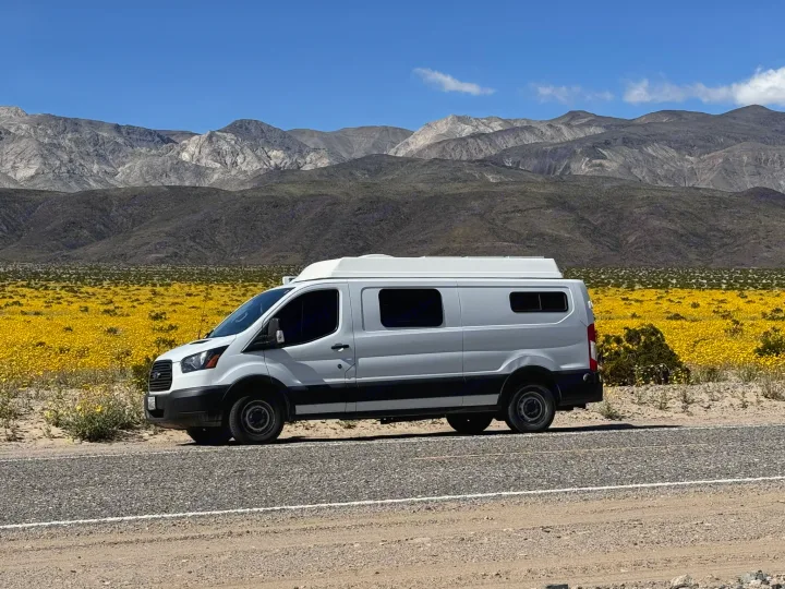 Explore nature! White RV rental van with a raised roof parked by a road, yellow wildflowers, and vast mountains under a blue sky.. Ford Transit Custom 2019