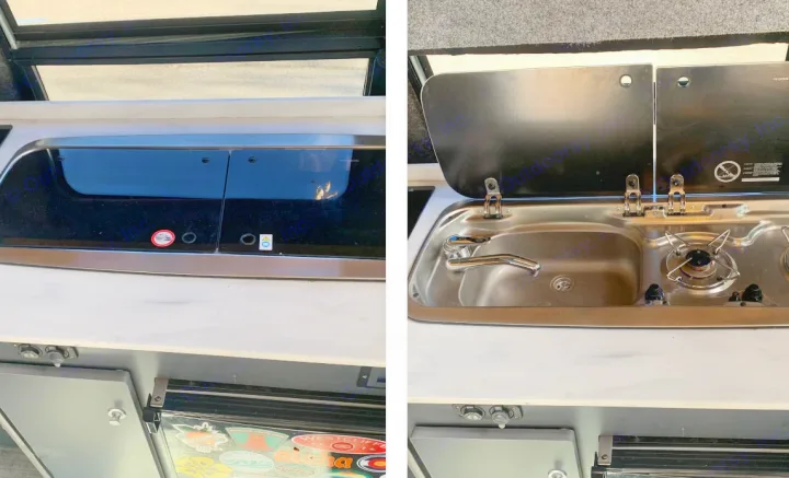 This RV rental's compact kitchenette features a stainless steel sink and two-burner stove, ready for cooking on your adventure.. Ford Transit Custom 2019