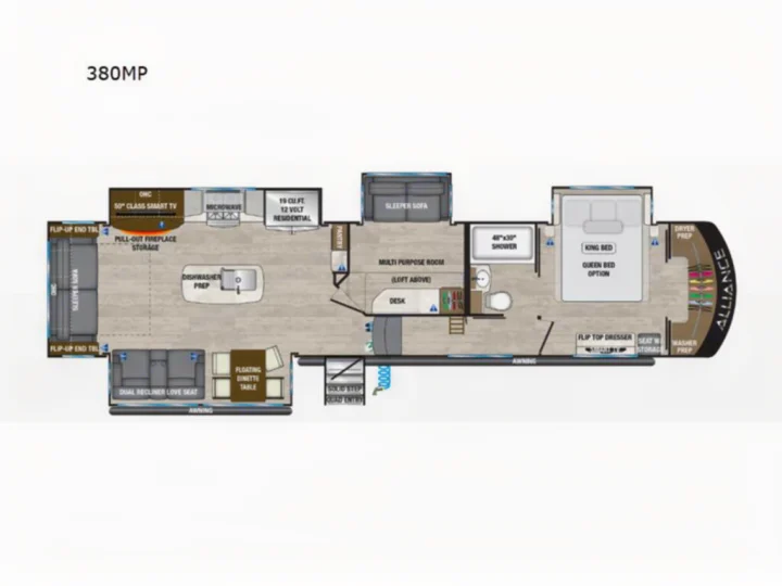 RV floor plan (380MP) for rv rental, showing a spacious interior layout with a king bed, kitchen, and living space.. Alliance RV Paradigm 2024
