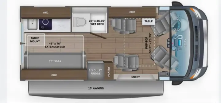Explore this RV rental floor plan: Features an extended bed, wet bath, kitchen, pop-top, and a 13' awning.. Jayco swift 2024