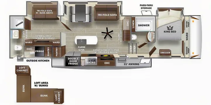This detailed RV rental floor plan showcases spacious living areas, a full kitchen, king bed, bunks, and multiple bathrooms.. Forest River Sabre 2022