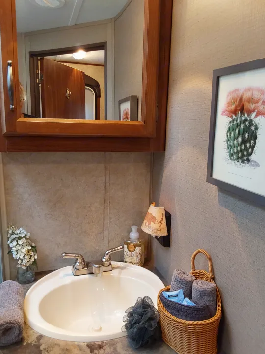 Cozy RV rental bathroom featuring a sink, mirror, and thoughtful decor for a comfortable stay.. Keystone RV Cougar 2015