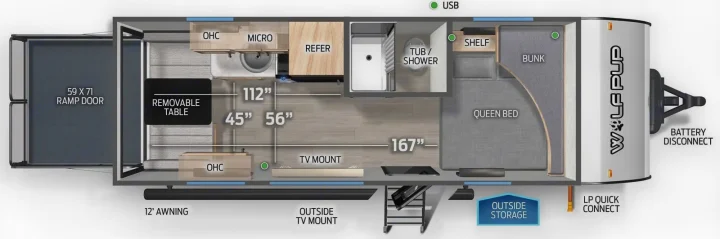 This RV rental floor plan details a toy hauler layout with a queen bed, bunk, kitchen, and rear ramp door.. Forest River Wolf Pup 2025