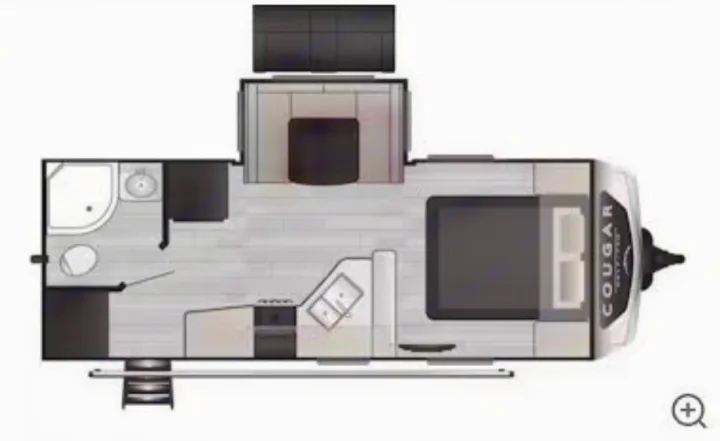 RV rental floor plan: Overhead view of a Cougar travel trailer interior with bedroom, kitchen, living, & bathroom.. Keystone RV Cougar 2019