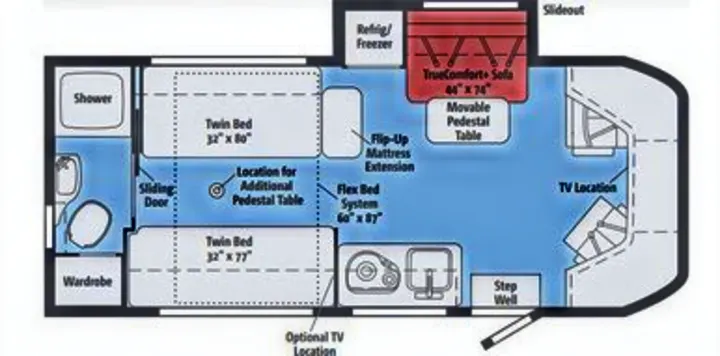 This RV rental floor plan details a versatile interior with twin beds, Flex Bed System, kitchen, bath, and sofa.. Winnebago Fuse 2017