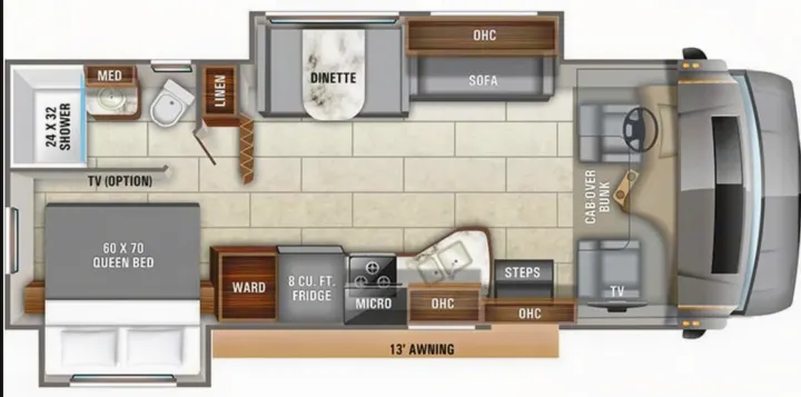 RV rental motorhome floor plan: detailed layout featuring queen bed, full bath, kitchen, dinette, sofa, and cab-over bunk.. Entegra Coach Odyssey 2020