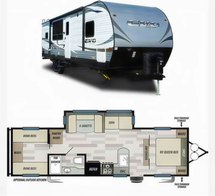 This rv rental image shows an EVO travel trailer's exterior and detailed interior floor plan with queen bed, bunk beds, and kitchen.. Forest River EVO CSJT2990 2022