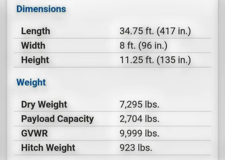 This RV rental specs table details length (34.75 ft), width (8 ft), height (11.25 ft), dry weight (7,295 lbs), & GVWR (9,999 lbs).. Forest River EVO CSJT2990 2022
