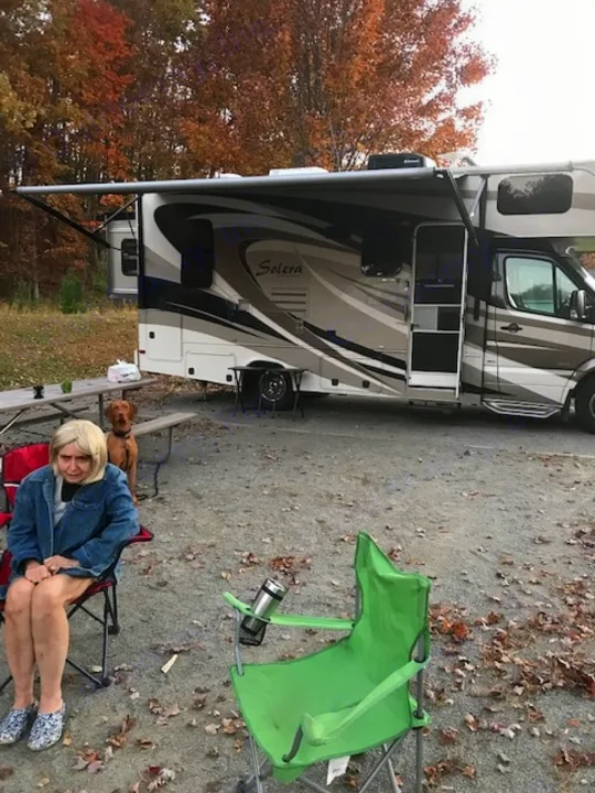 An RV rental, a Solera motorhome, is set up with an awning at a gravel campsite. A woman and a dog relax amidst fall foliage.. Forest River Solera 24R 2014