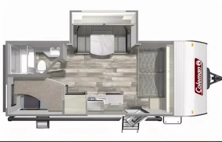 Top-down RV rental floor plan showing a bedroom, kitchen, bathroom, and dinette area with a slide-out.. Dutchmen Coleman Lantern Lt 19BB 2024