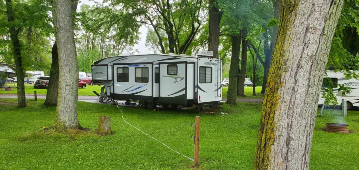 A modern rv rental trailer is set up with slides extended at a shaded campground spot surrounded by large trees.. Forest River Cherokee Arctic Wolf 2019