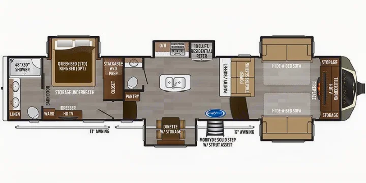 RV rental floor plan: Spacious interior with bedroom (queen/king), bath, kitchen, living (theatre seating, sofas, fireplace), and dinette.. Keystone Montana 2019