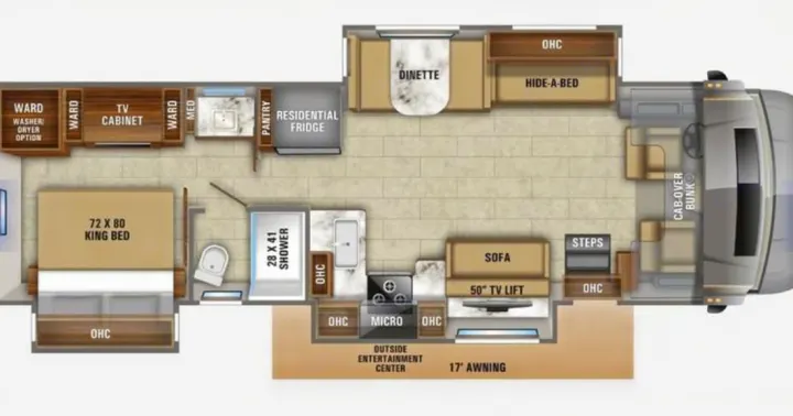 This RV rental floor plan details a King bed, dinette, kitchen, bath, and entertainment options for comfortable travel.. Jayco Seneca 2020