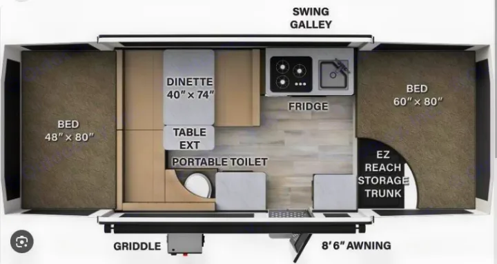 This RV rental floor plan shows a compact camper's interior layout: two beds, dinette, galley kitchen, and portable toilet.. Forest River Rockwood ESP 2022