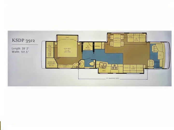 Detailed KSDP 3912 RV floor plan showing living areas, kitchen, bedroom, and bathroom layout, perfect for rv rental planning.. Kountry Star Kountry Star Motorhome 2008