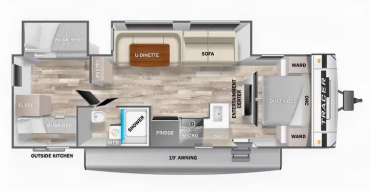 Detailed RV rental floor plan with queen bed, bunk beds, U-dinette, kitchen, bath, and outside kitchen.. Forest River Tracer 2024