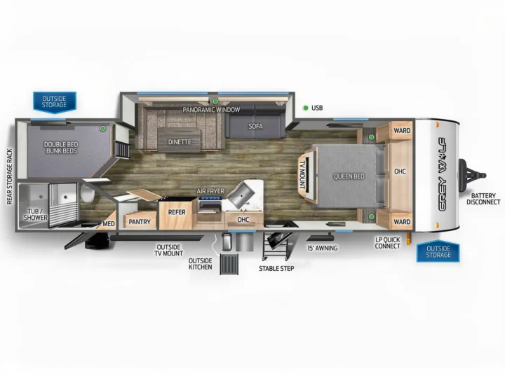 Detailed RV rental floor plan: Grey Wolf travel trailer featuring bunk beds, queen bed, kitchen, and living space.. Forest River Grey Wolf 26 DBH 2025