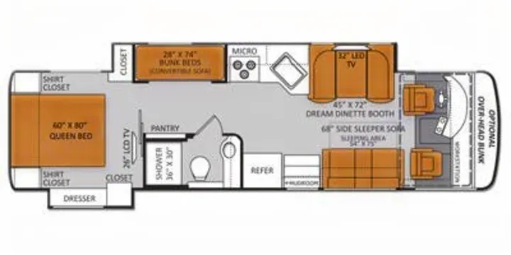 RV rental floor plan: Spacious motorhome layout with queen bed, bunk beds, dinette, kitchen, and bath for comfortable travel.. Thor Palazzo 2013