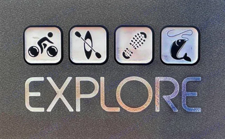 RV rental options for adventure: Icons depict cycling, kayaking, hiking, and fishing, with "EXPLORE" text.. InTech RV Flyer 2023
