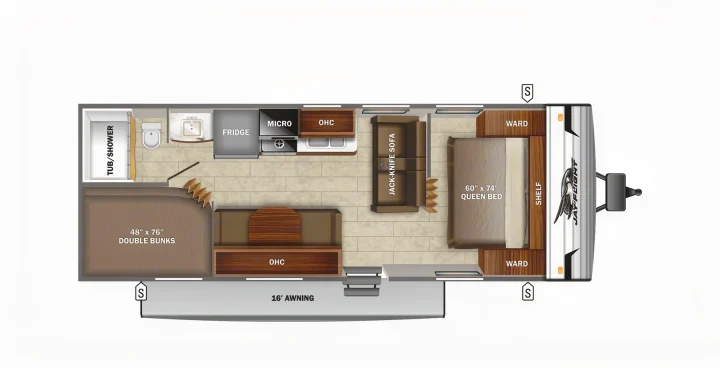 Detailed RV rental floor plan of a Jay Flight travel trailer showing interior layout with bunks, queen bed, kitchen, and bath.. Jayco Jay Flight SLX 2022
