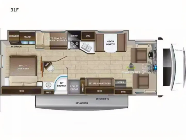 RV rental 31F floor plan: Queen bed, bunk beds, dinette, shower, and kitchen. Perfect layout for family road trips.. Entegra Coach Odyssey 2024