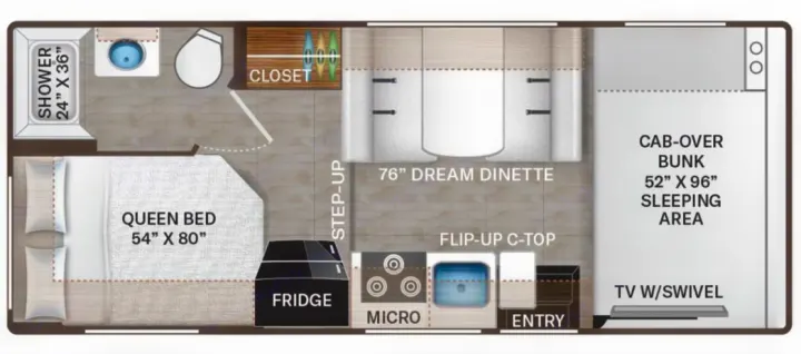 Explore this RV rental's detailed floor plan featuring a queen bed, full bath, kitchen, dinette, & cab-over bunk.. Thor Coleman 2024
