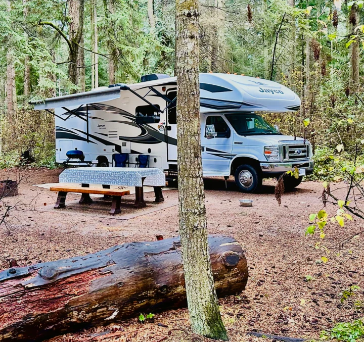 RV rental parked in a tranquil forest campsite with picnic table & grill. Ideal for nature lovers.. Jayco Greyhawk 2019