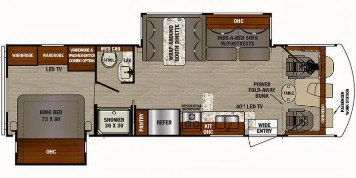 Explore this RV rental floor plan: king bed, full kitchen, bathroom, living room, and extra bunk for comfortable trips.. Forest River Fr3 2019