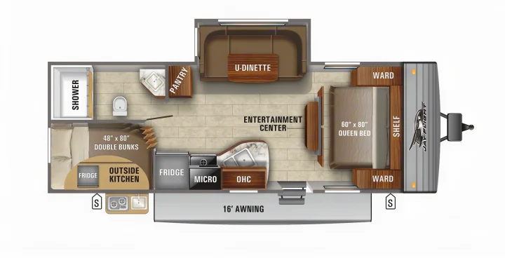 Detailed RV rental floor plan shows a queen bed, double bunks, U-dinette, kitchen, bath, and entertainment center layout.. Jayco Jay Flight 2022