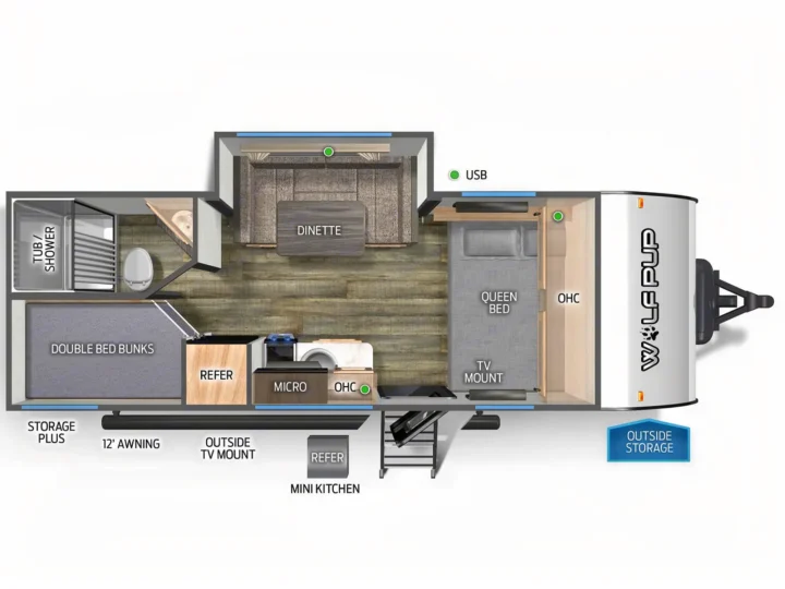 RV rental floor plan: Wolf Pup travel trailer with queen bed, bunks, dinette, kitchen, and bath. Ideal for families.. Forest River 17JW 2025