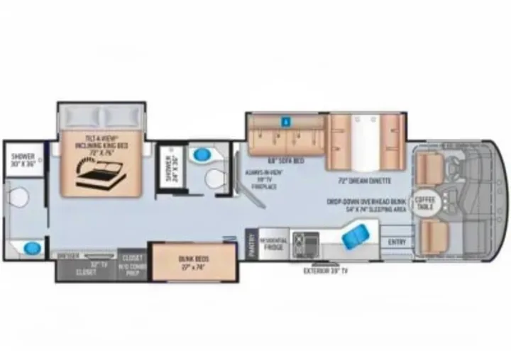RV rental floor plan illustrating a large motorhome with a king bed, bunk beds, two baths, and multiple sleeping areas.. Thor Miramar 2022