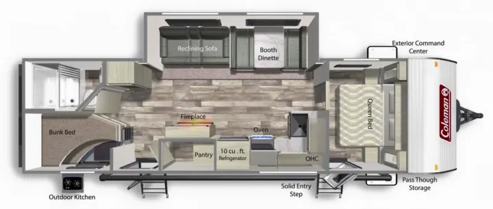 RV rental floor plan: queen bed, bunk beds, full kitchen, dinette, fireplace, and outdoor kitchen.. Coleman Lantern 2022