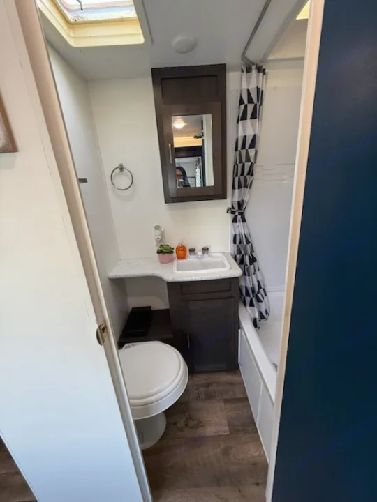 Inside an RV rental bathroom, featuring a compact toilet, vanity with sink, and a shower with a patterned curtain, all on wood-look flooring.. Forest River Salem 2019