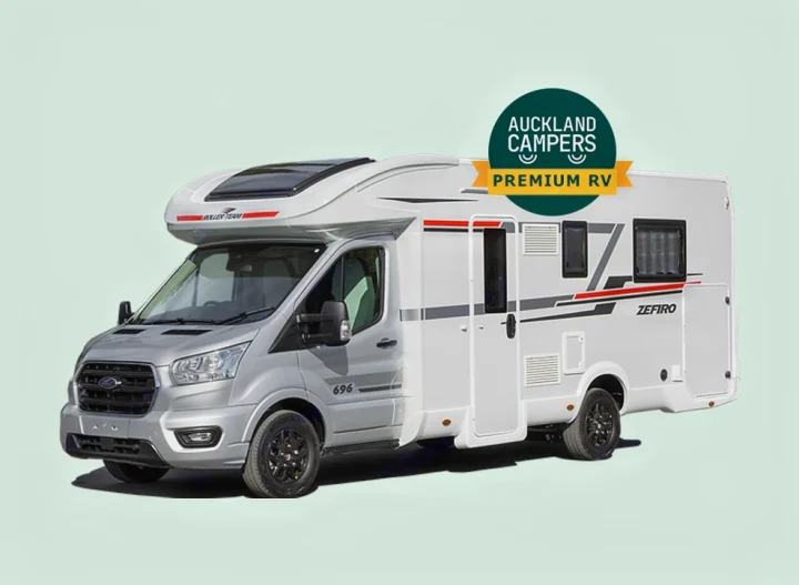 Modern silver & white Roller Team Zefiro campervan, a premium RV rental from Auckland Campers, parked on light background.. Roller Team 696 2024