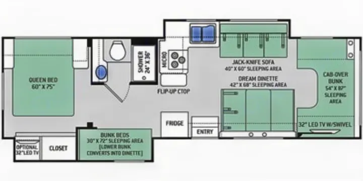 RV rental floor plan outlining queen, bunk, dinette, sofa, and cab-over bunk sleeping options.. Thor Motor Coach Chateau 2019