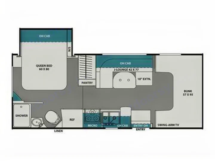 RV rental floor plan showcasing a spacious interior layout with a queen bed, bunk, J-lounge, kitchen, and bathroom.. Coachmen Leprechaun 2025