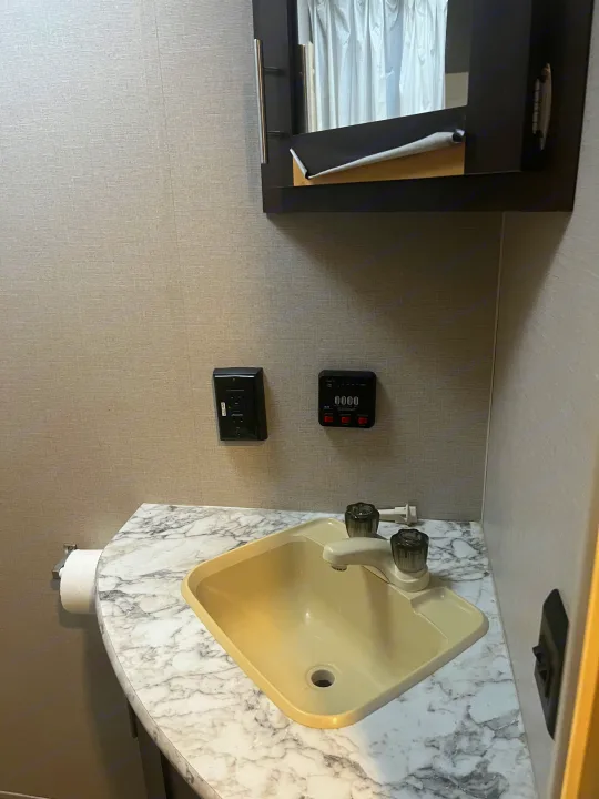 RV rental bathroom with a compact sink, marble-look counter, tank monitor, and outlets below an open cabinet.. K-Z Manufacturing Sportsmen 2019