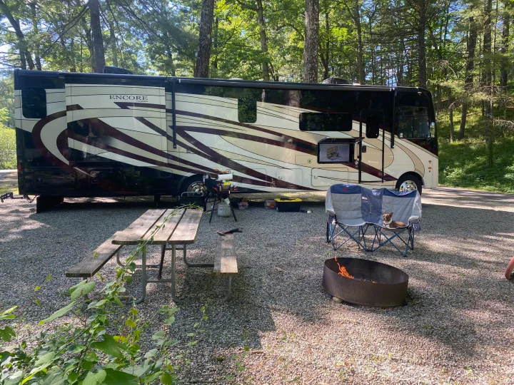RV rental escape: a spacious motorhome at a gravel campsite with a picnic table, fire pit, and a dog relaxing.. Coachmen Encore 2022