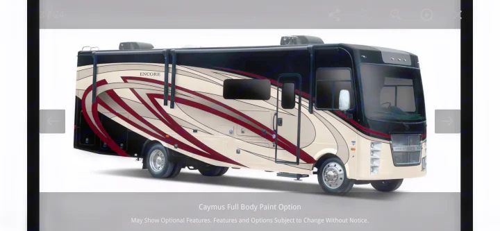 An RV rental, an Encore motorhome with black, beige, and maroon full body paint, shown from the side.. Coachmen Encore 2022