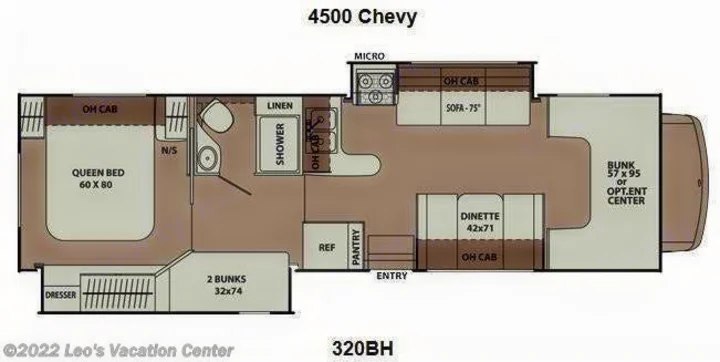 This 4500 Chevy 320BH RV rental floor plan shows its layout, featuring a queen bed, bunks, kitchen, and living areas.. Coachmen Leprechaun 2015