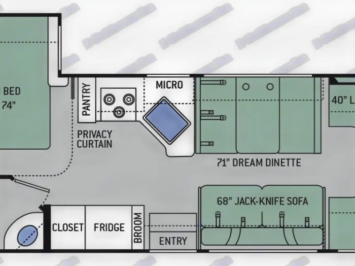 RV rental floor plan shows bedroom, full kitchen (fridge, micro, stove, pantry), dinette, bath, and Jack-knife sofa.. Thor Freedom Elite 2017