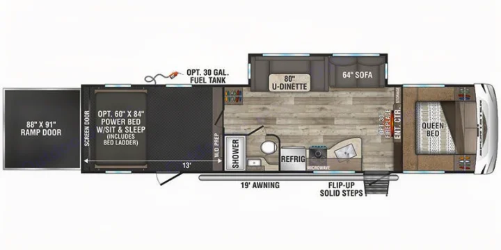 RV rental toy hauler floor plan showing a queen bed, U-dinette, sofa, kitchen, bath, and rear garage area with a power bed.. KZ Sportster 2021
