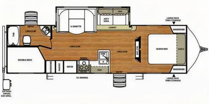 RV rental floor plan detailing a queen bed, double bunks, kitchen, bathroom, and living spaces.. Forest River Vibe 2018
