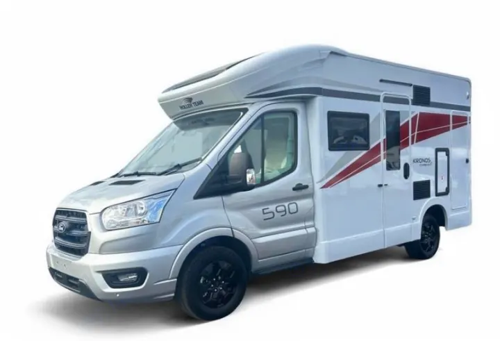 This silver and white Roller Team Kronos compact RV is available for rental, ready for travel.. Rollerteam Kronos Compact 590 2026