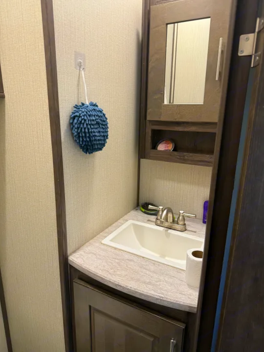 RV rental bathroom with sink, mirrored cabinet, storage, and a hanging blue cleaning mitt.. Heartland Torque 2019