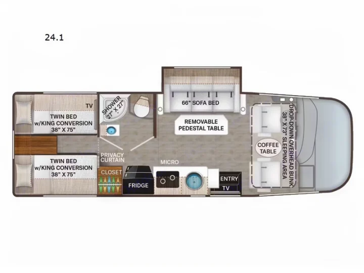 RV floor plan illustrating twin beds (convertible), sofa, bunk, kitchen, and bath, perfect for RV rental planning.. Thor Axis 2016