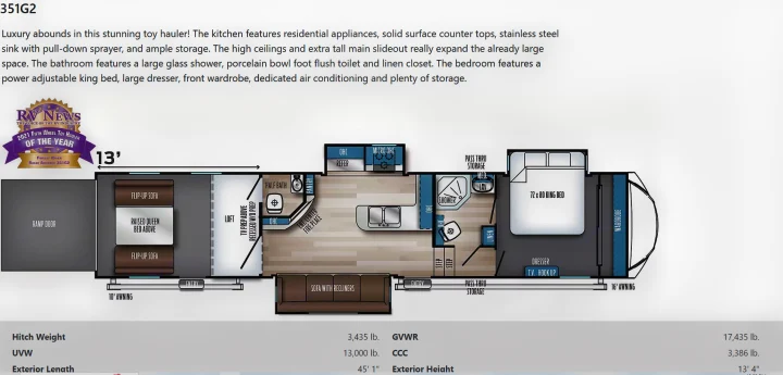 Explore this luxury toy hauler RV floor plan, ideal for rv rental. Features a king bed, half bath, and ramp door for gear.. Forest River Vengeance Rogue Amored Toy Hauler 2021