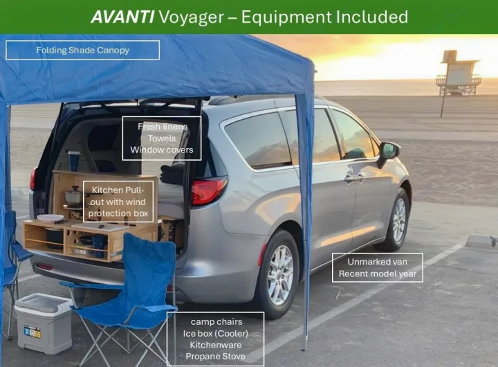 AVANTI Voyager RV rental: minivan with pull-out kitchen, canopy, chairs, cooler & more, fully equipped for adventure.. Chrysler Voyager 2022