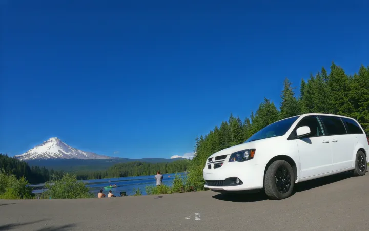 White minivan (RV rental) parked by a scenic lake with snow-capped Mt. Hood. People enjoy water activities & forest views.. Dodge Caravan 2019
