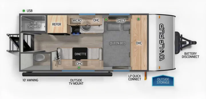 RV rental floor plan: A top-down view of a travel trailer's interior layout with a queen bed, kitchen, and dinette.. Forest River Wolf Pup 2025